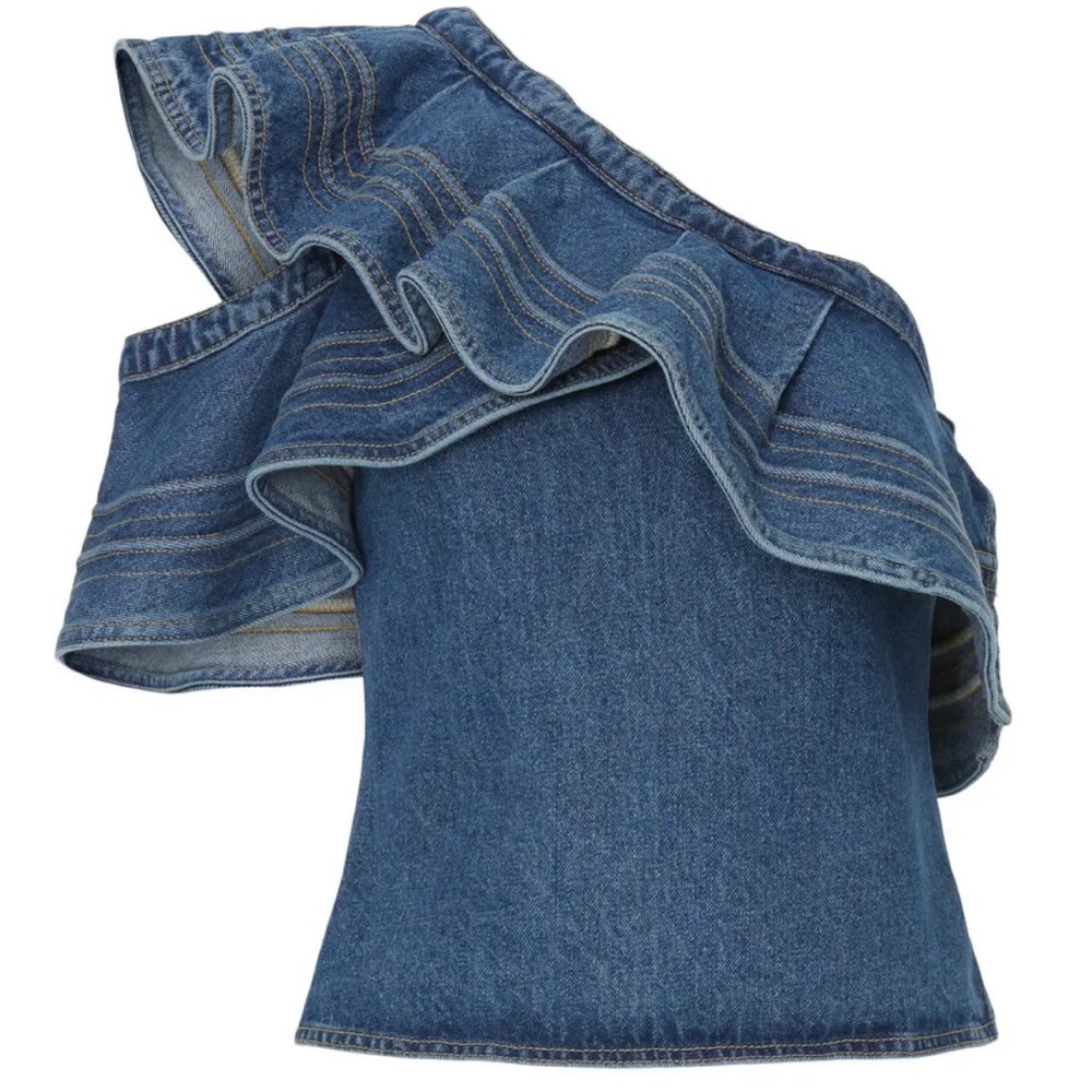Self-Portrait Denim Asymmetric Frill Top